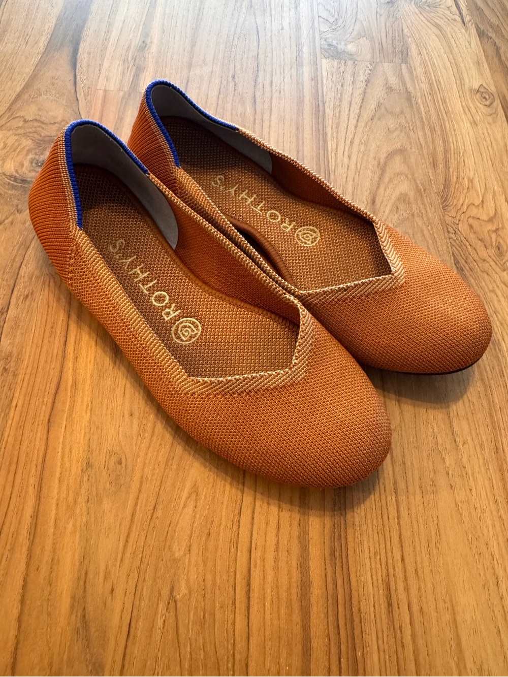 Rothy's Burnt Orange Knit Ballet Flats with Blue Trim